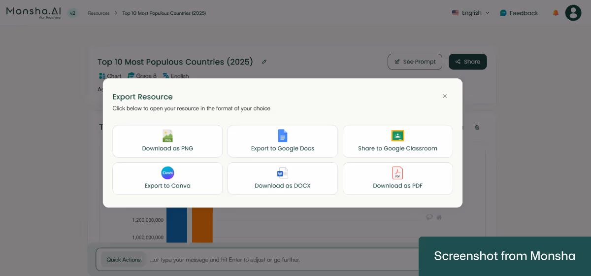 Export your AI-generated graphs and charts from Monsha