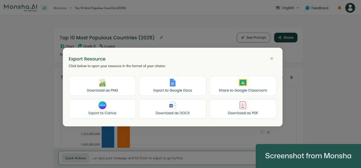 Export your AI-generated graphs and charts from Monsha
