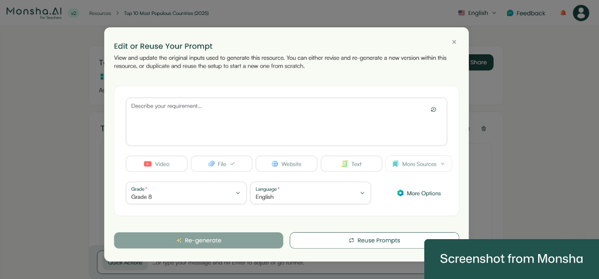 With Monsha, you can reuse your prompt to generate more graphs, charts, and other resources