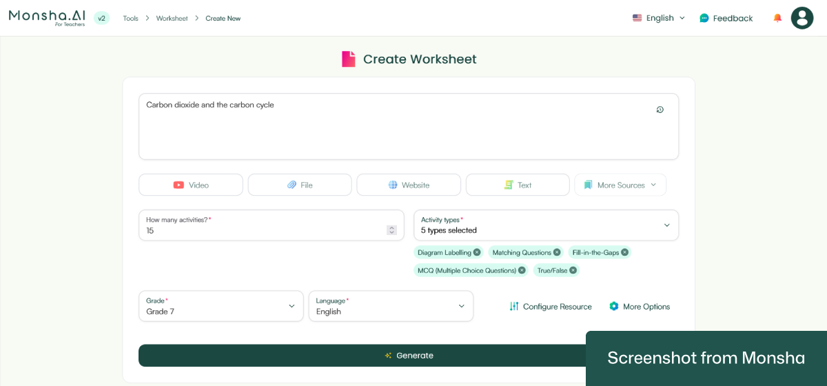 When creating worksheets with Monsha, you can set your requirements based on grade level, language, and more