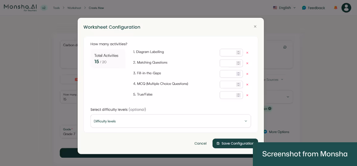 Monsha lets you specify the difficulty level for your worksheets and number of activities