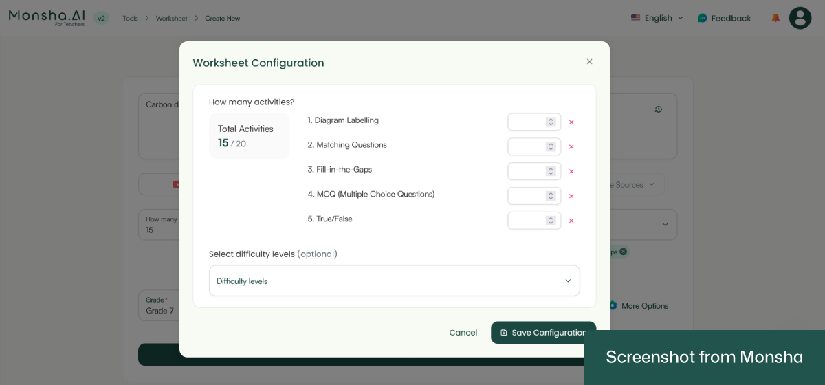 Monsha lets you specify the difficulty level for your worksheets and number of activities