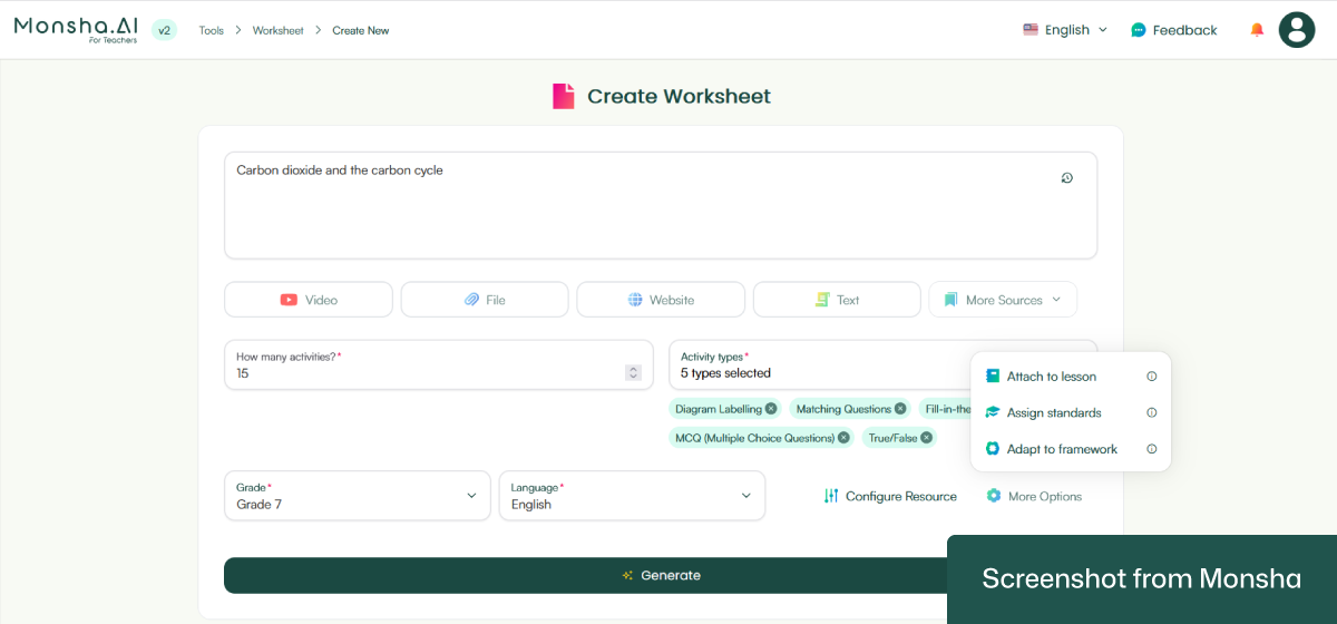 With Monsha's AI worksheet generator, you can easily set curriculum standards or differentiation requirements