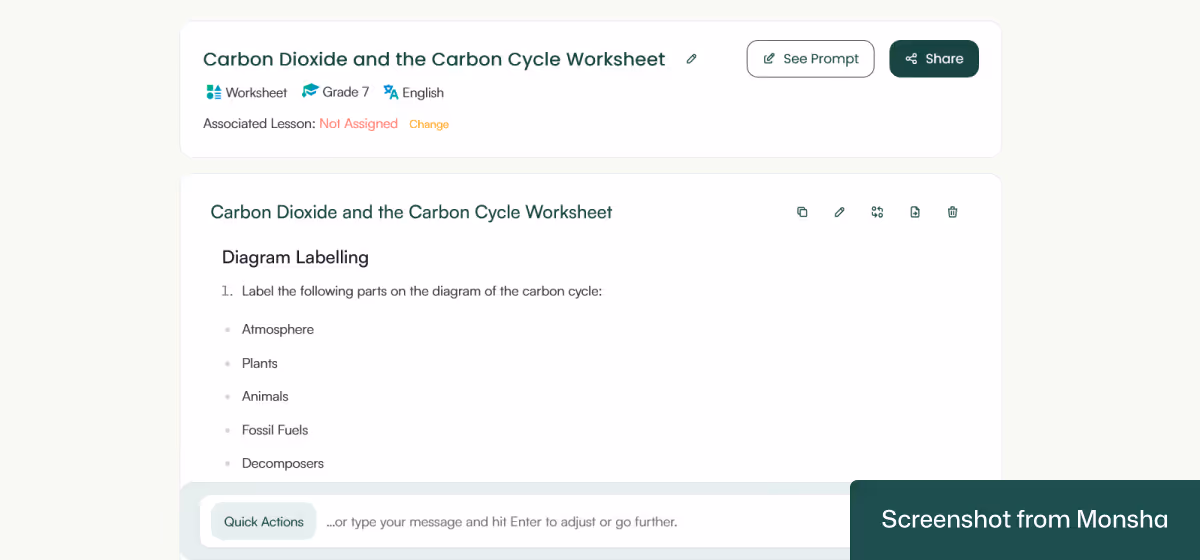 A topic-based worksheet generated with Monsha