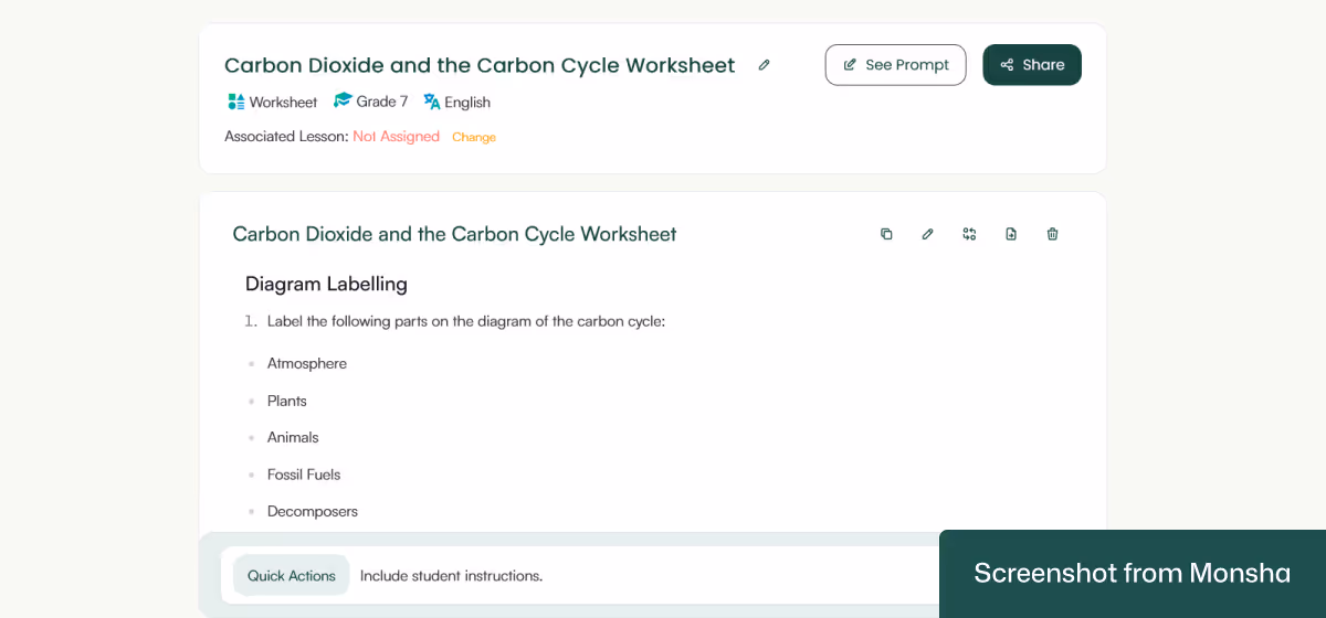 Monsha can incorporate your follow-up instructions even after generating a worksheet
