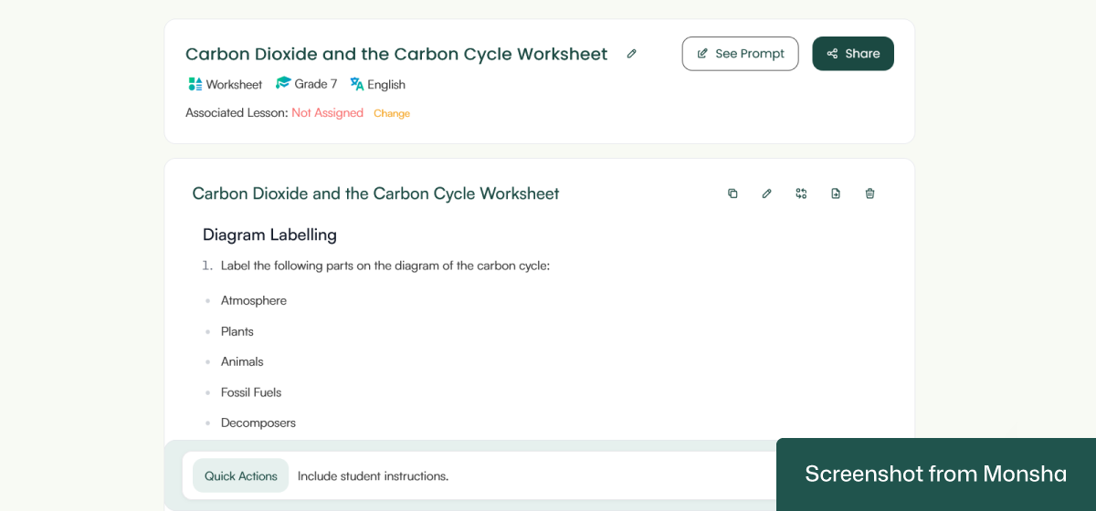 Monsha can incorporate your follow-up instructions even after generating a worksheet