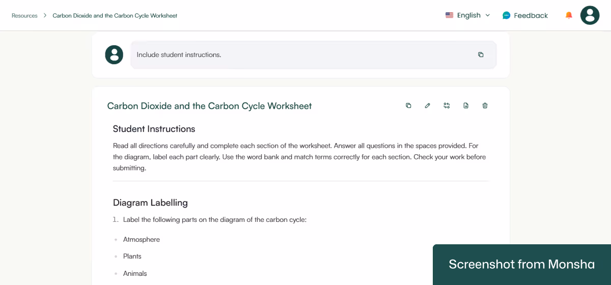 Follow-up instructions incorporated in a topic-based worksheet generated with Monsha