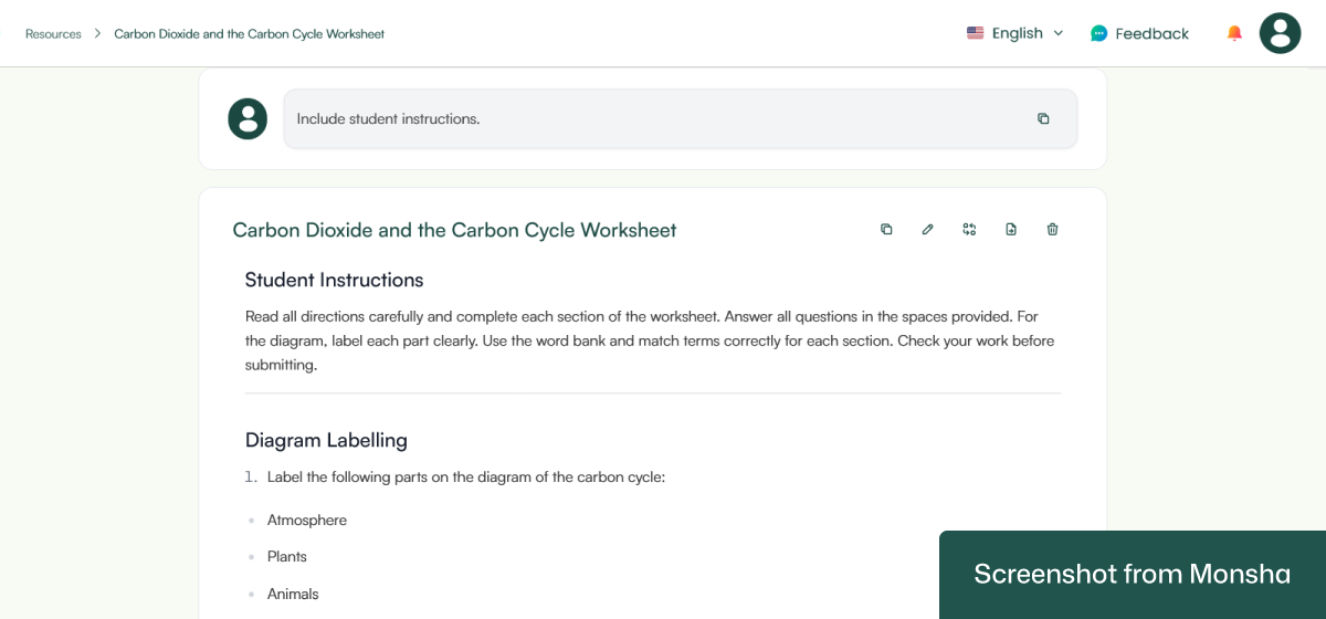 Follow-up instructions incorporated in a topic-based worksheet generated with Monsha