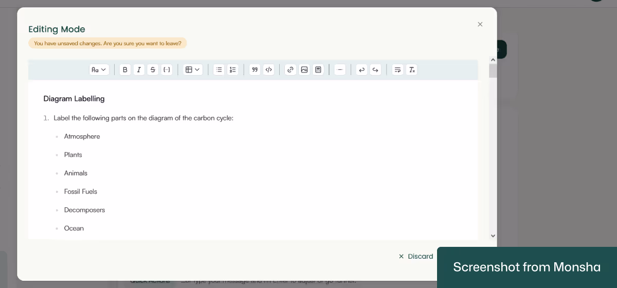 You can manually edit your AI-generated worksheet with Monsha