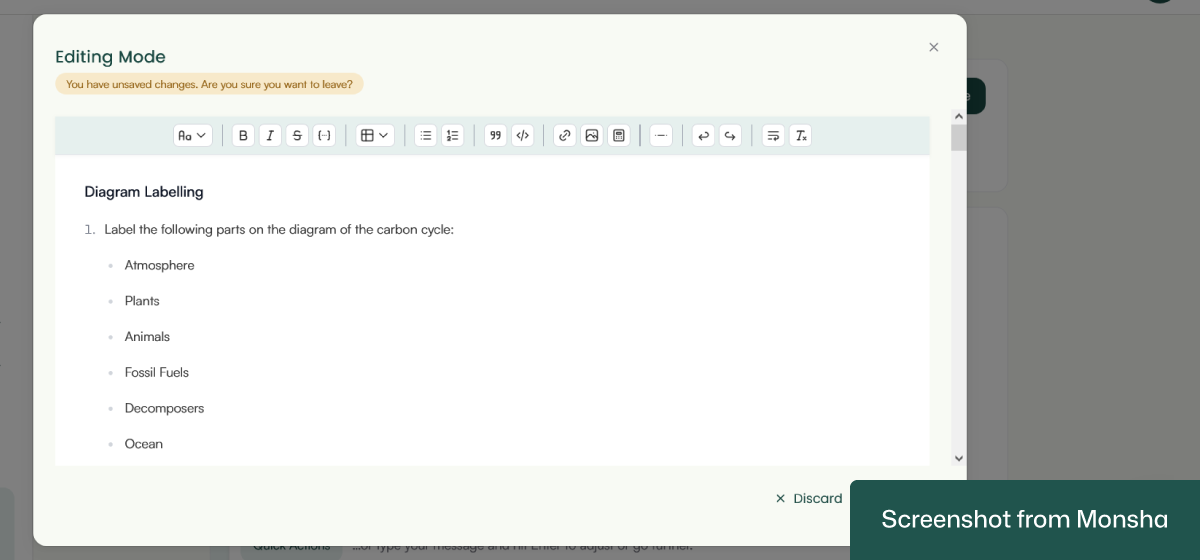 You can manually edit your AI-generated worksheet with Monsha