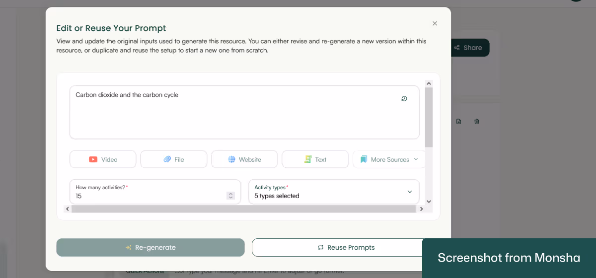 With Monsha, you can reuse your prompt to generate more resources