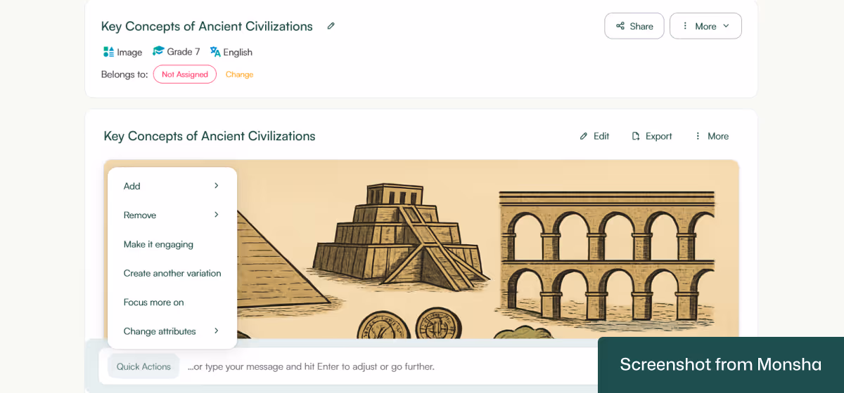 Monsha's Quick Actions feature can help you with follow-up instructions for your AI image