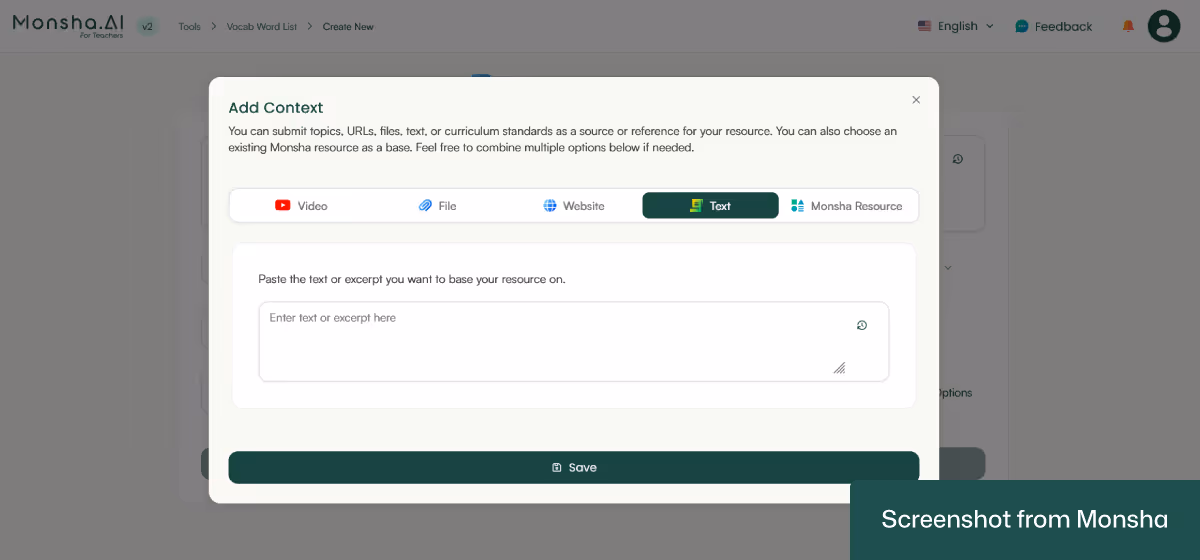 With Monsha, you can easily copy-paste source text for your vocabulary list