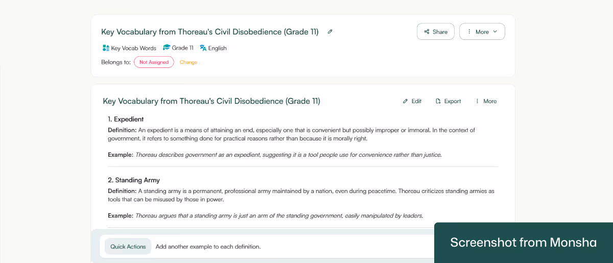 Monsha can incorporate your follow-up instructions even after generating a vocabulary list