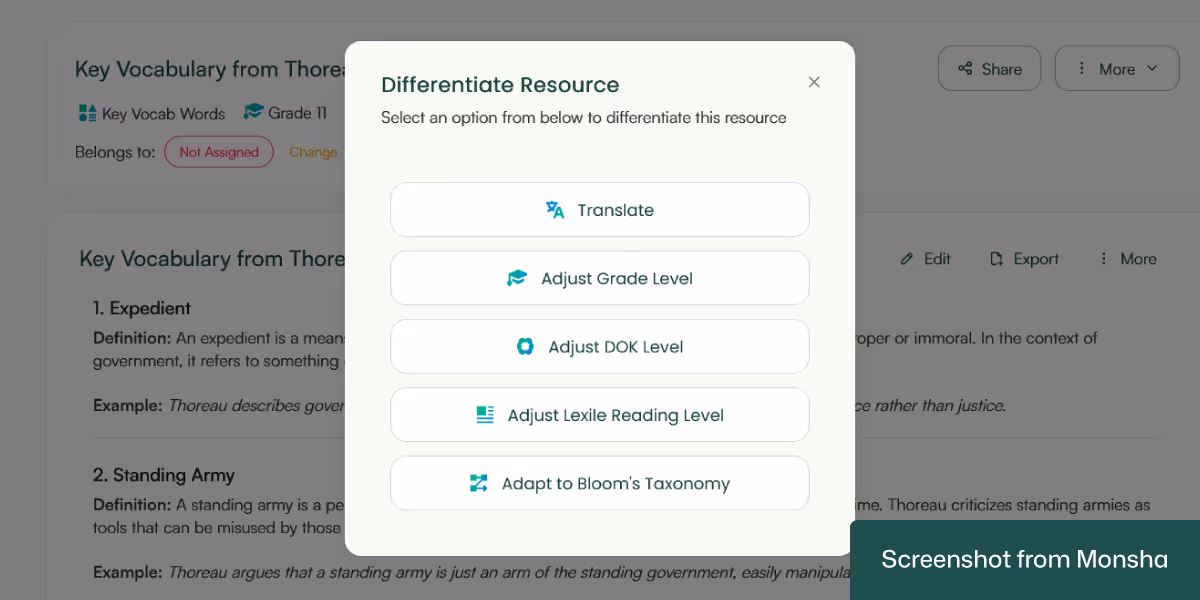 With Monsha, you can adapt your AI-generated vocabulary list to your students' needs