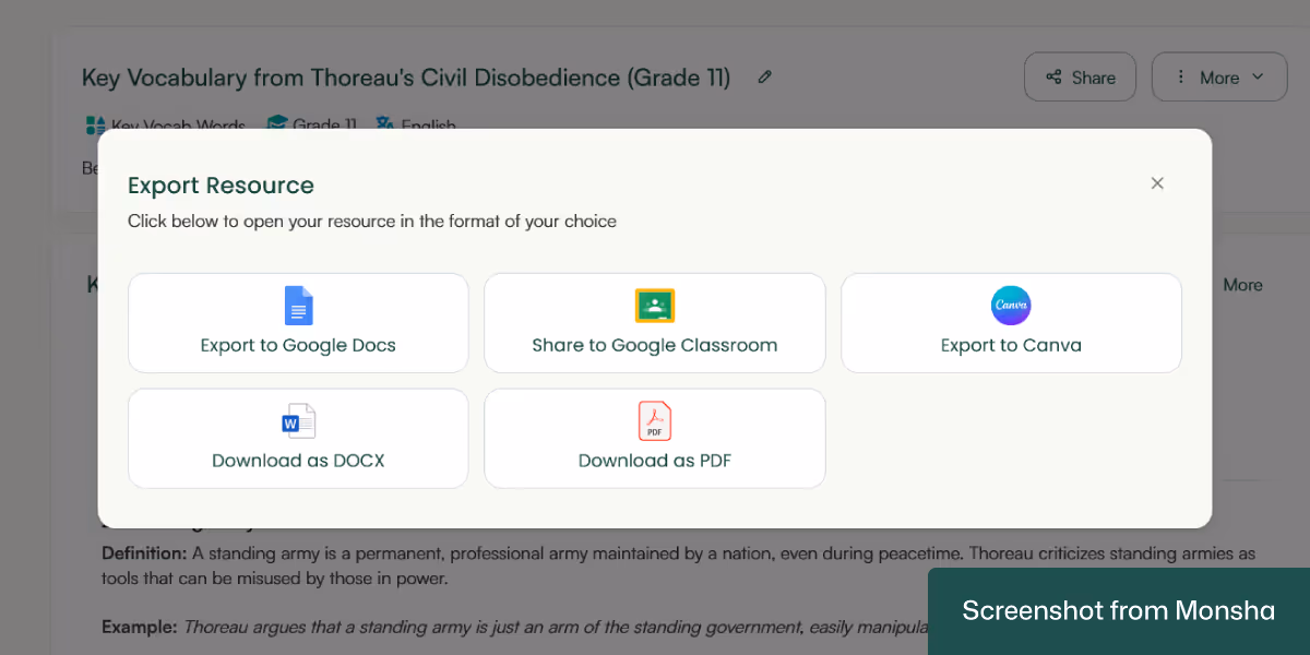 You can export your AI-generated vocabulary list from Monsha