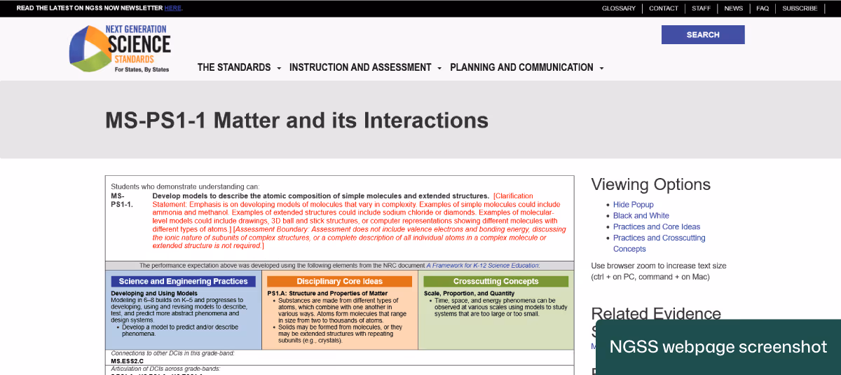 "MS-PS1-1 Matter and its Interactions" is part of the Next Generation Science Standards (NGSS)