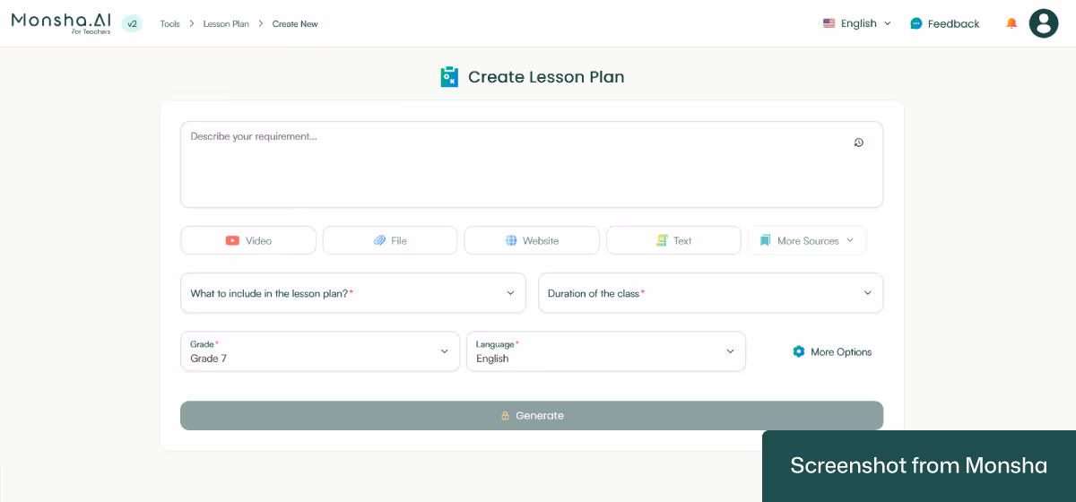 With Monsha, setting requirements to create lesson plans takes only a few clicks