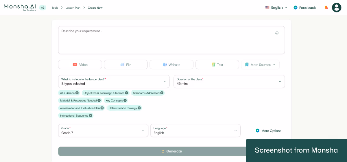 With Monsha, you can set classroom context to generate lesson plans