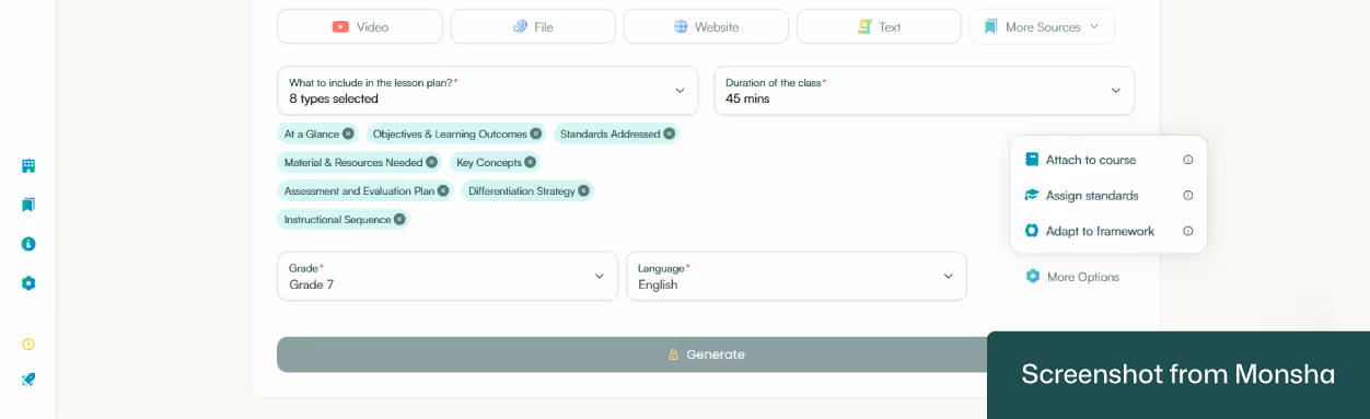 With Monsha's AI lesson plan generator, you can easily set curriculum standards or differentiation requirements