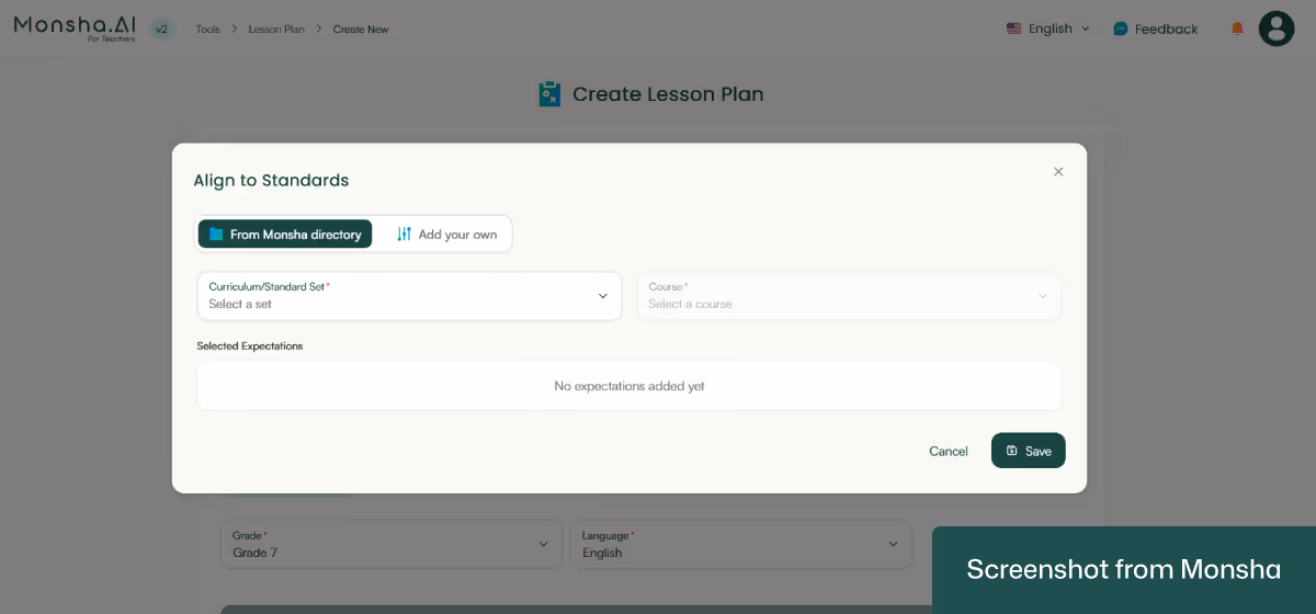 With Monsha, you can easily choose a curriculum standard for your lesson plan