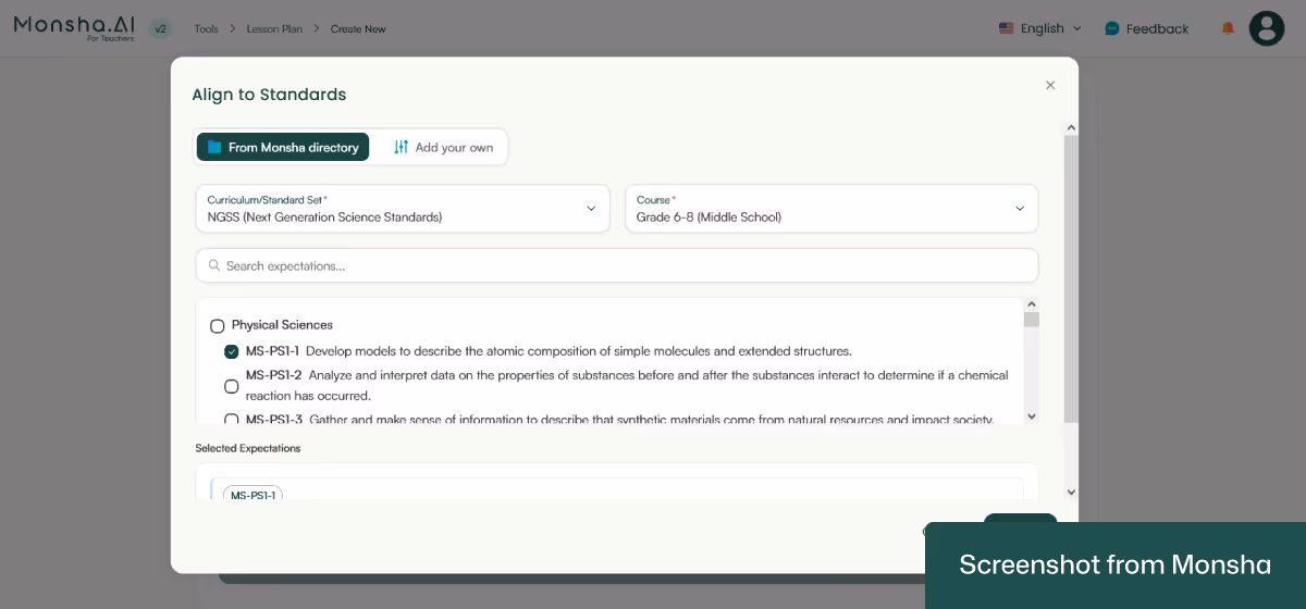 Next Generation Science Standards (NGSS) is one of the curriculum standard options offered by Monsha