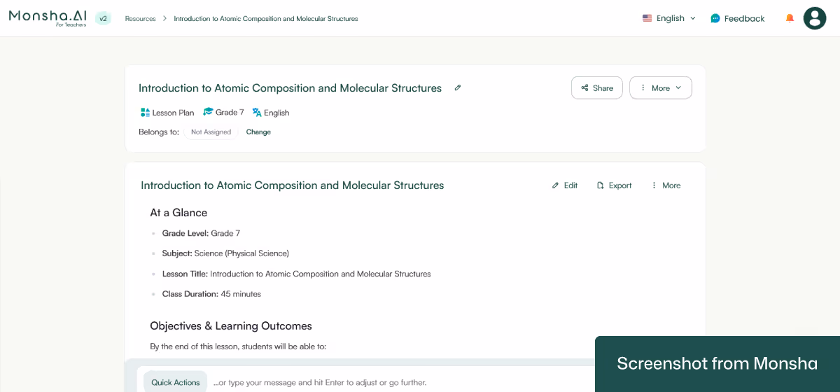 A curriculum-aligned lesson plan generated with Monsha's AI