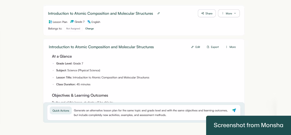 Monsha can incorporate your follow-up instructions even after generating lesson plans