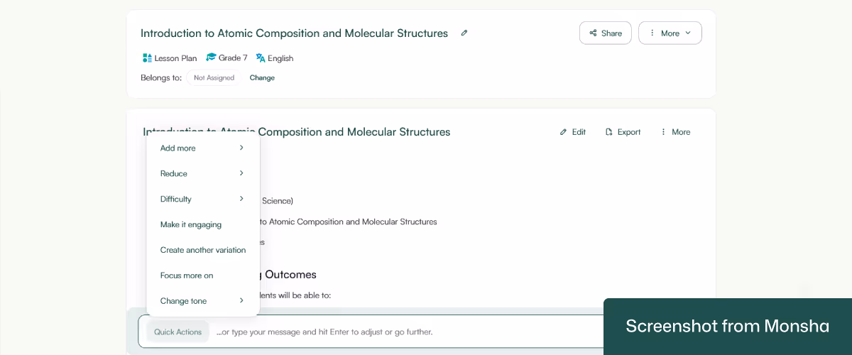 Monsha's Quick Actions feature can help you with follow-up instructions for your AI-generated lesson plans