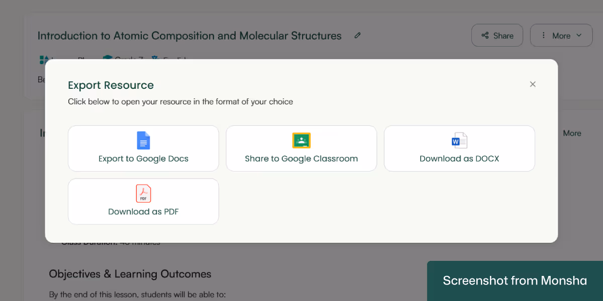 You can export your AI-generated lesson plans from Monsha