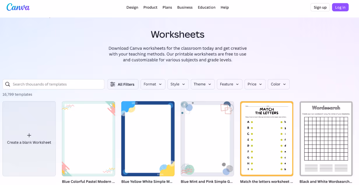 A glimpse into Canva for Worksheets' homepage