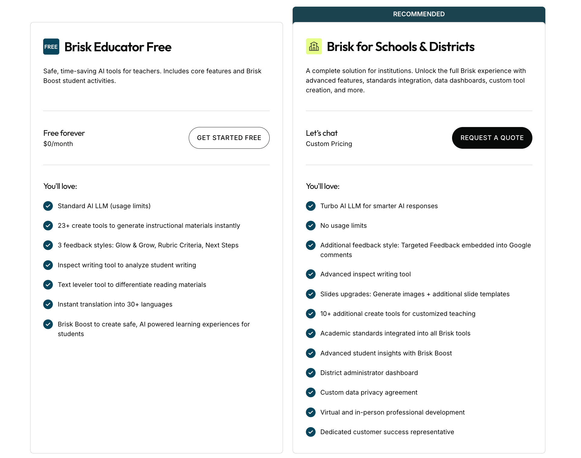 Brisk educator pricing page