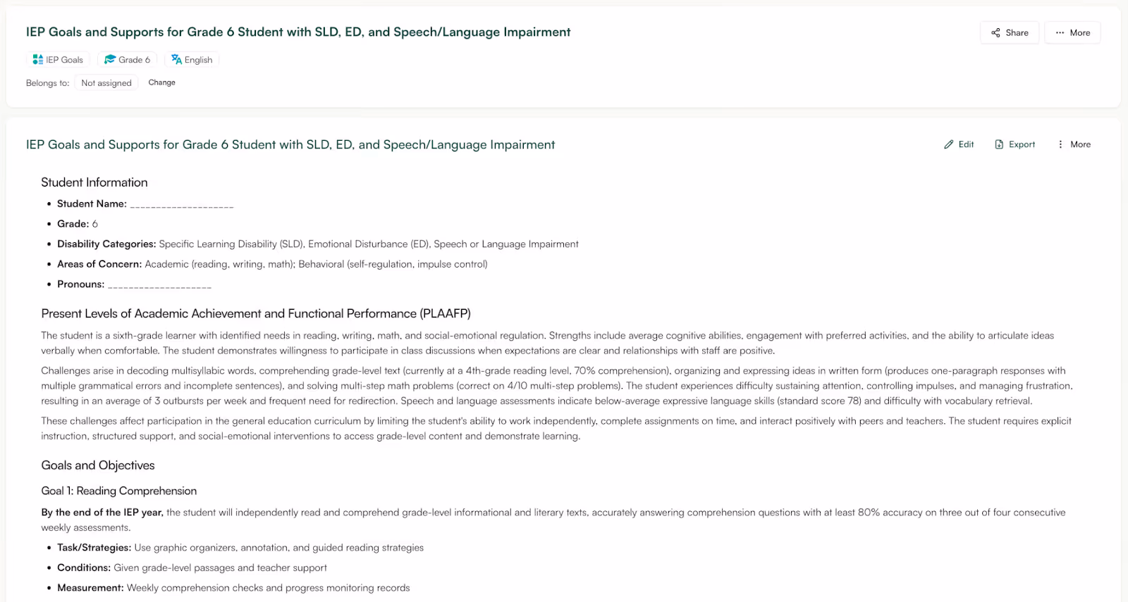 IEP goal generator Monsha