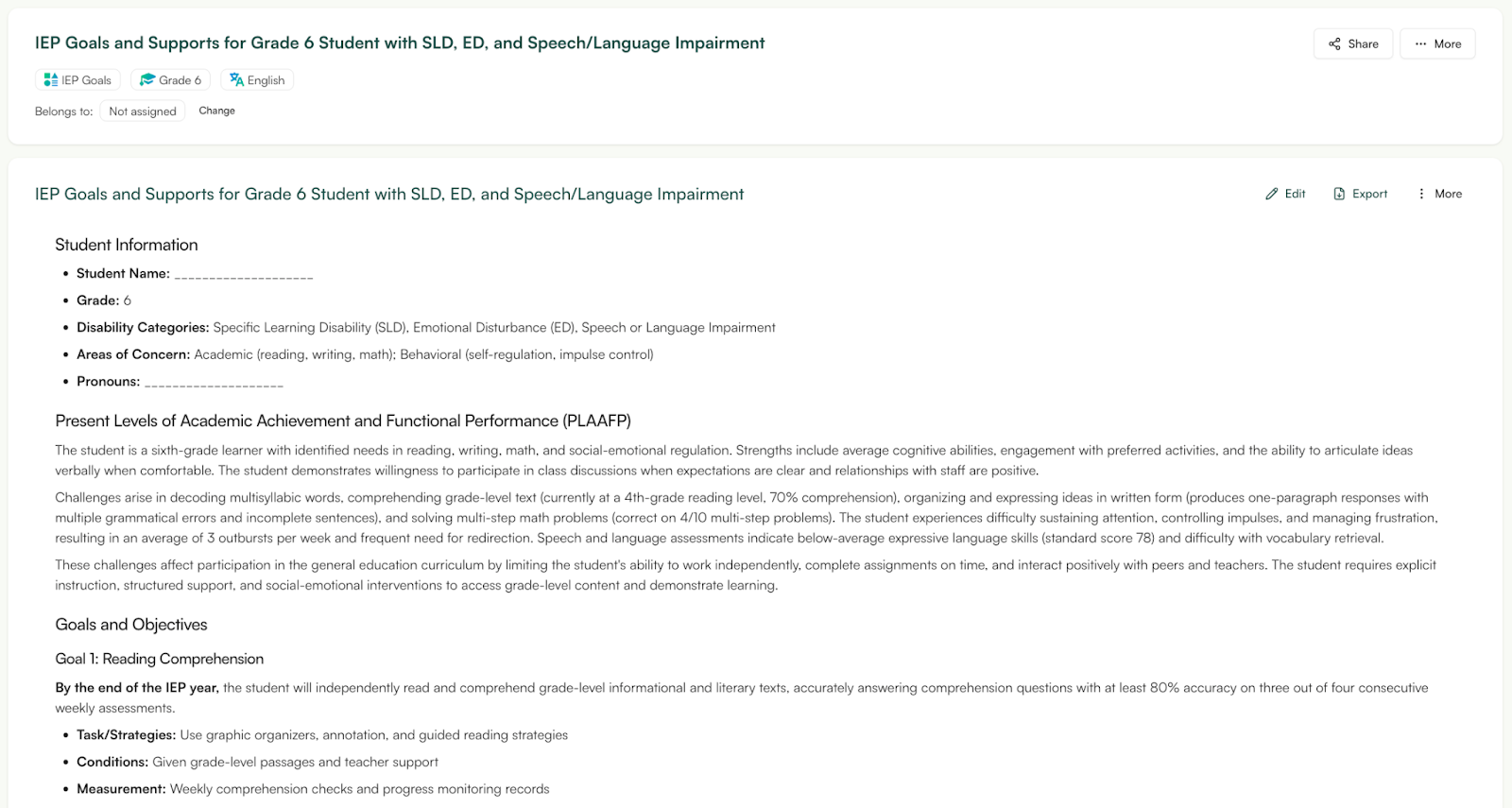 IEP goal generator Monsha