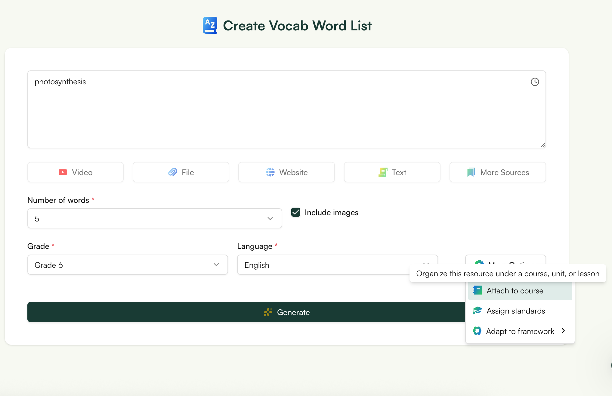monsha vocabulary list generator