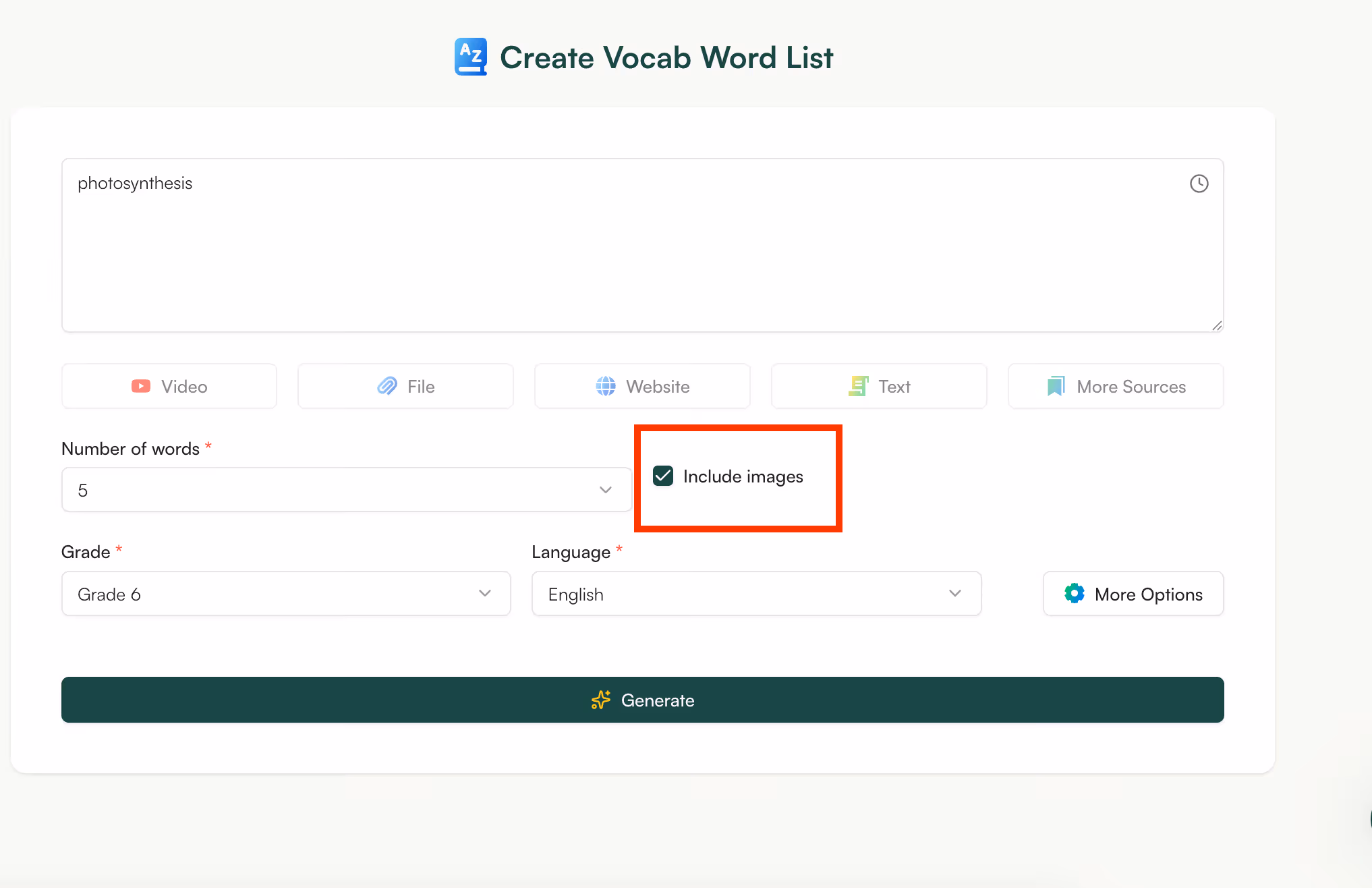 monsha vocabulary list generator