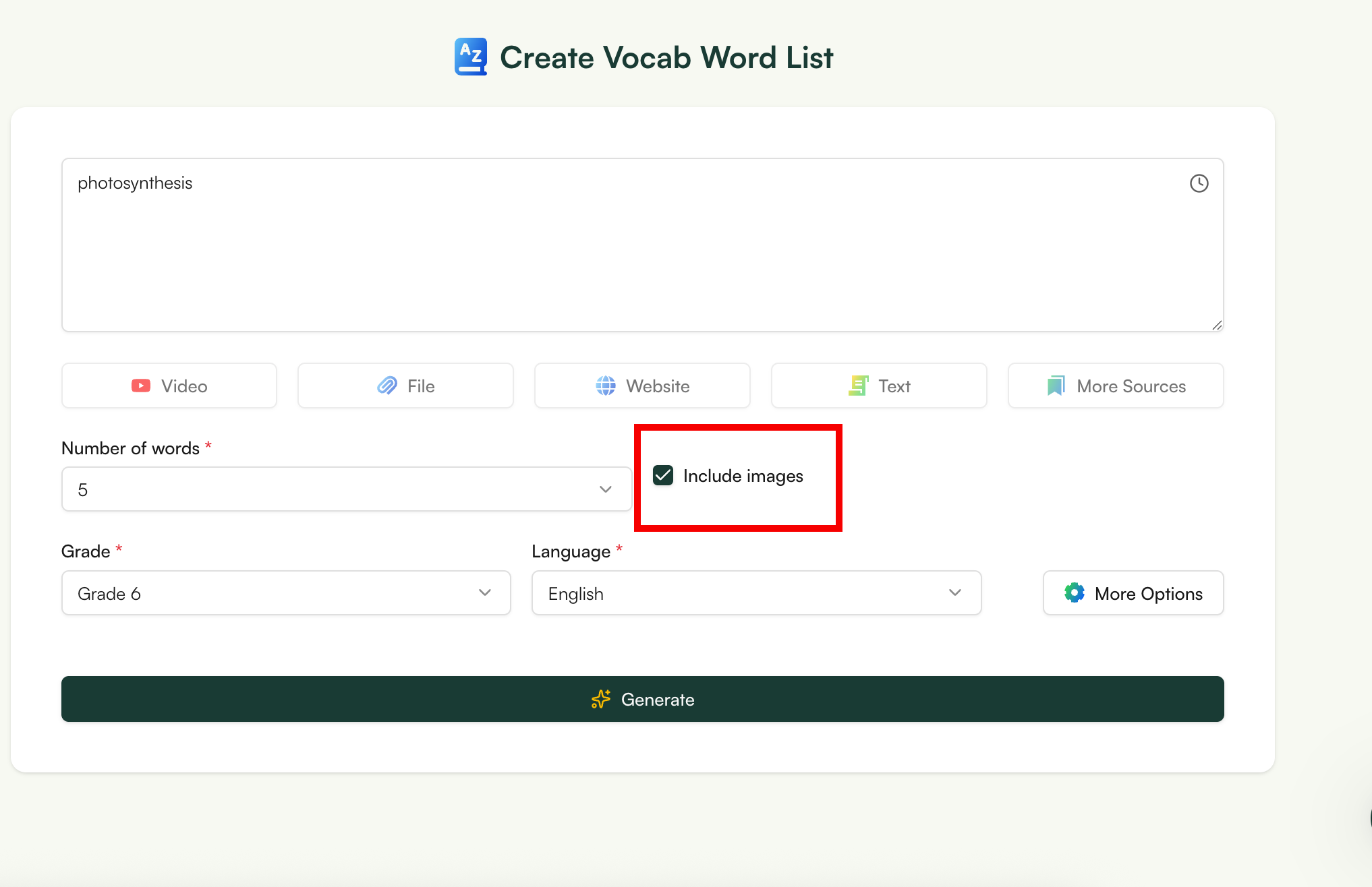 monsha vocabulary list generator