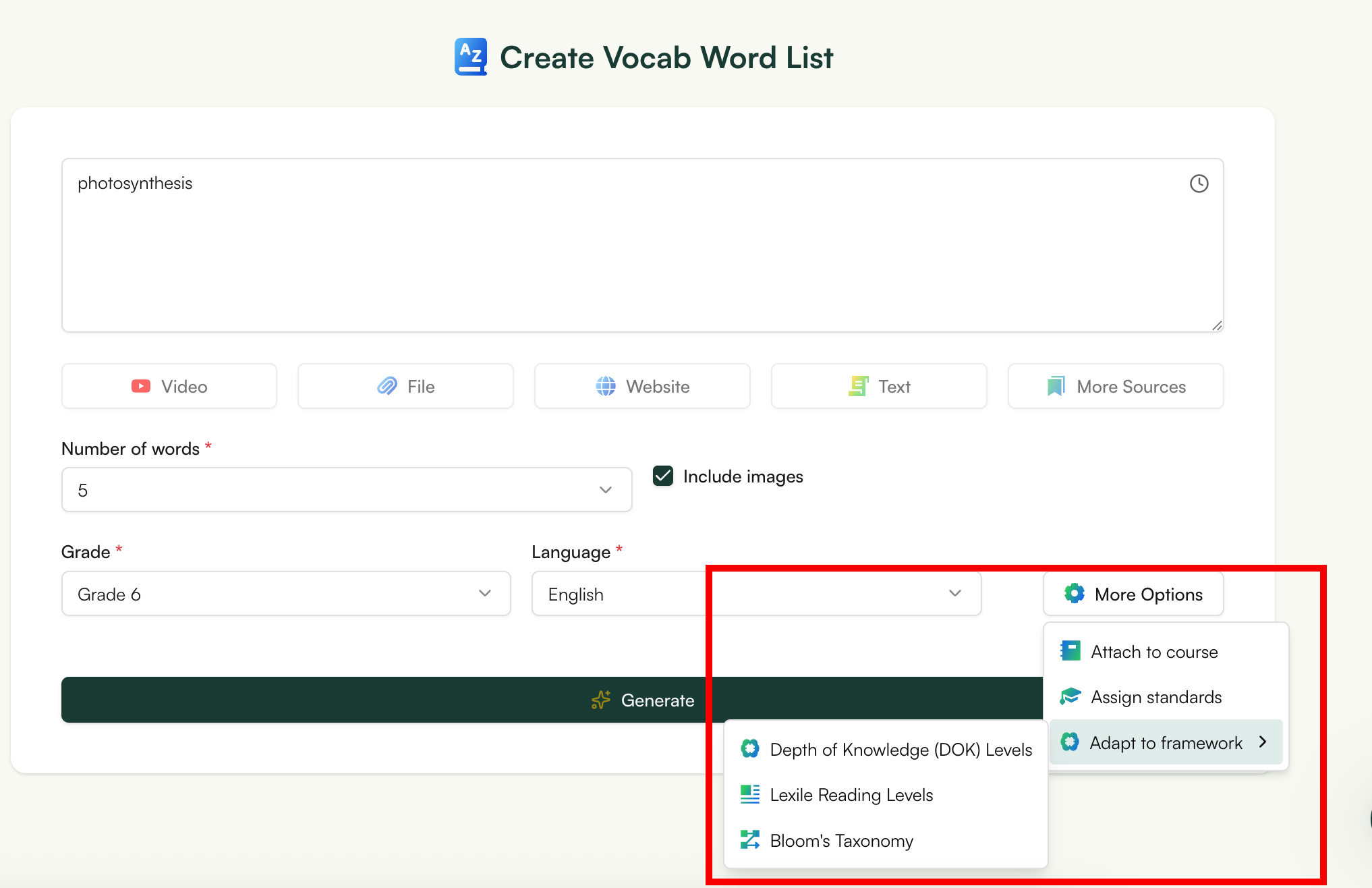 monsha vocabulary list generator