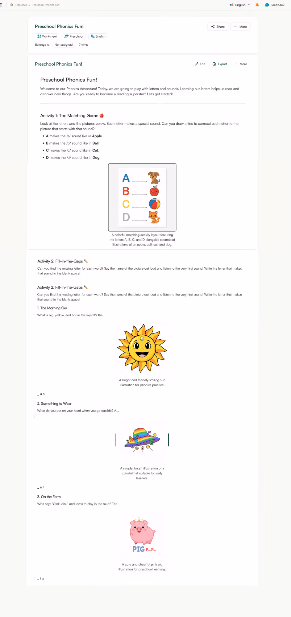 create phonics worksheet with Monsha