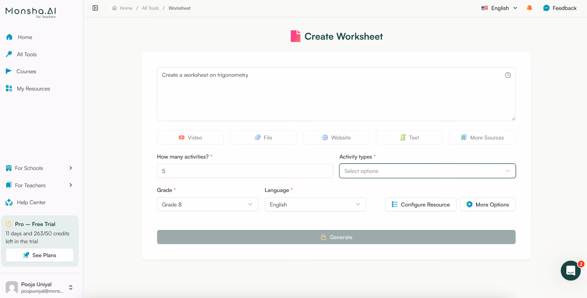 generate math worksheet with monsha