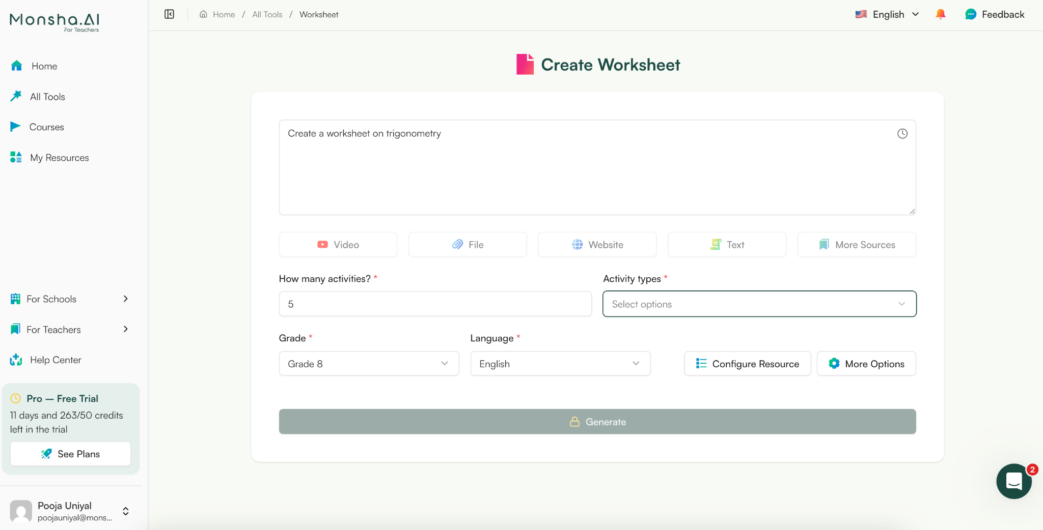 generate math worksheet with monsha