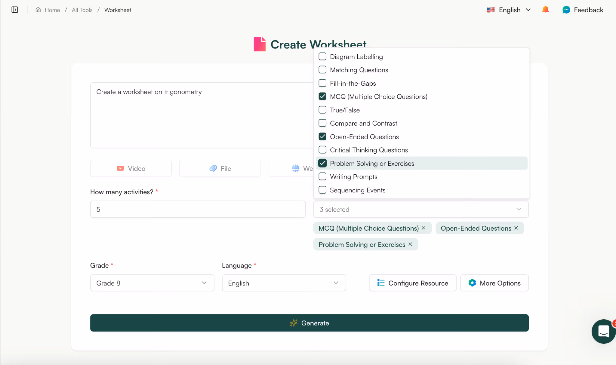 generate math worksheet with monsha