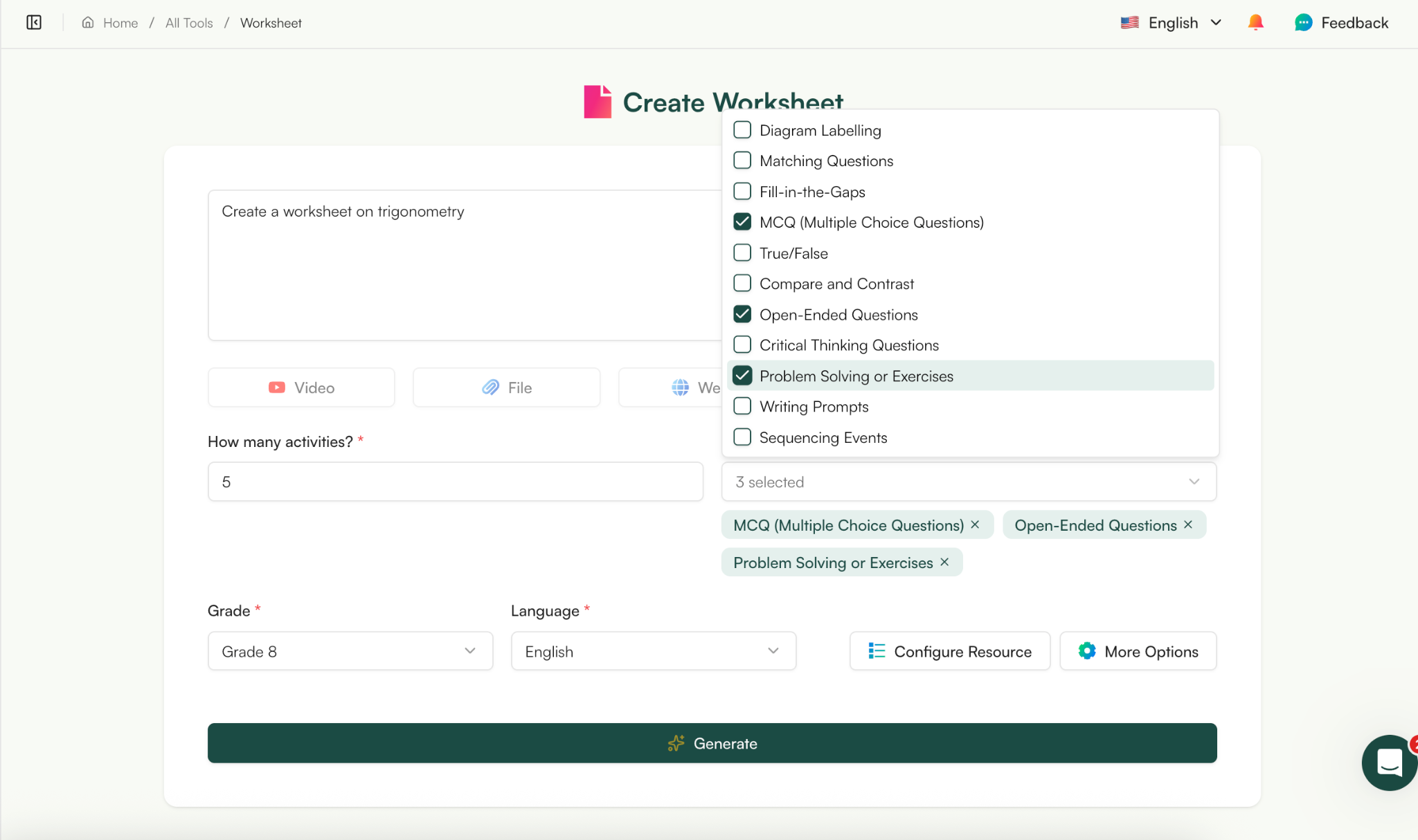 generate math worksheet with monsha