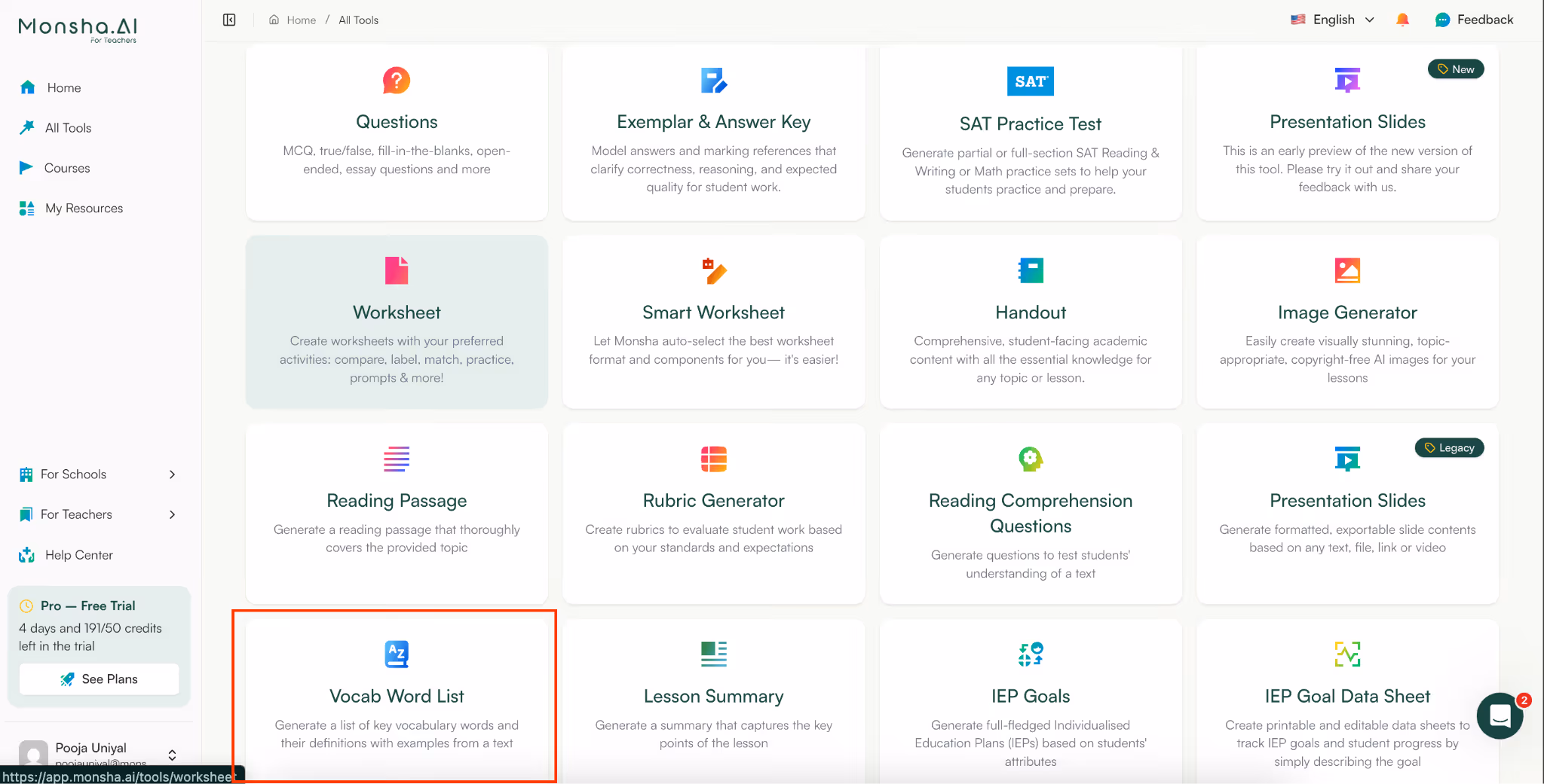 create vocab lists with monsha