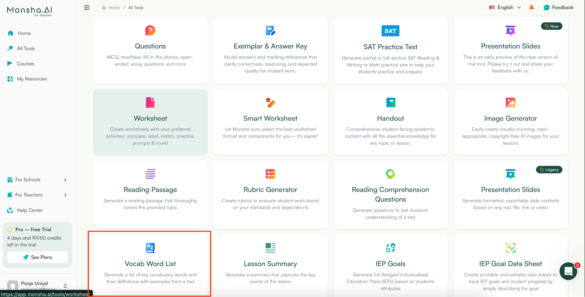 create vocab lists with monsha