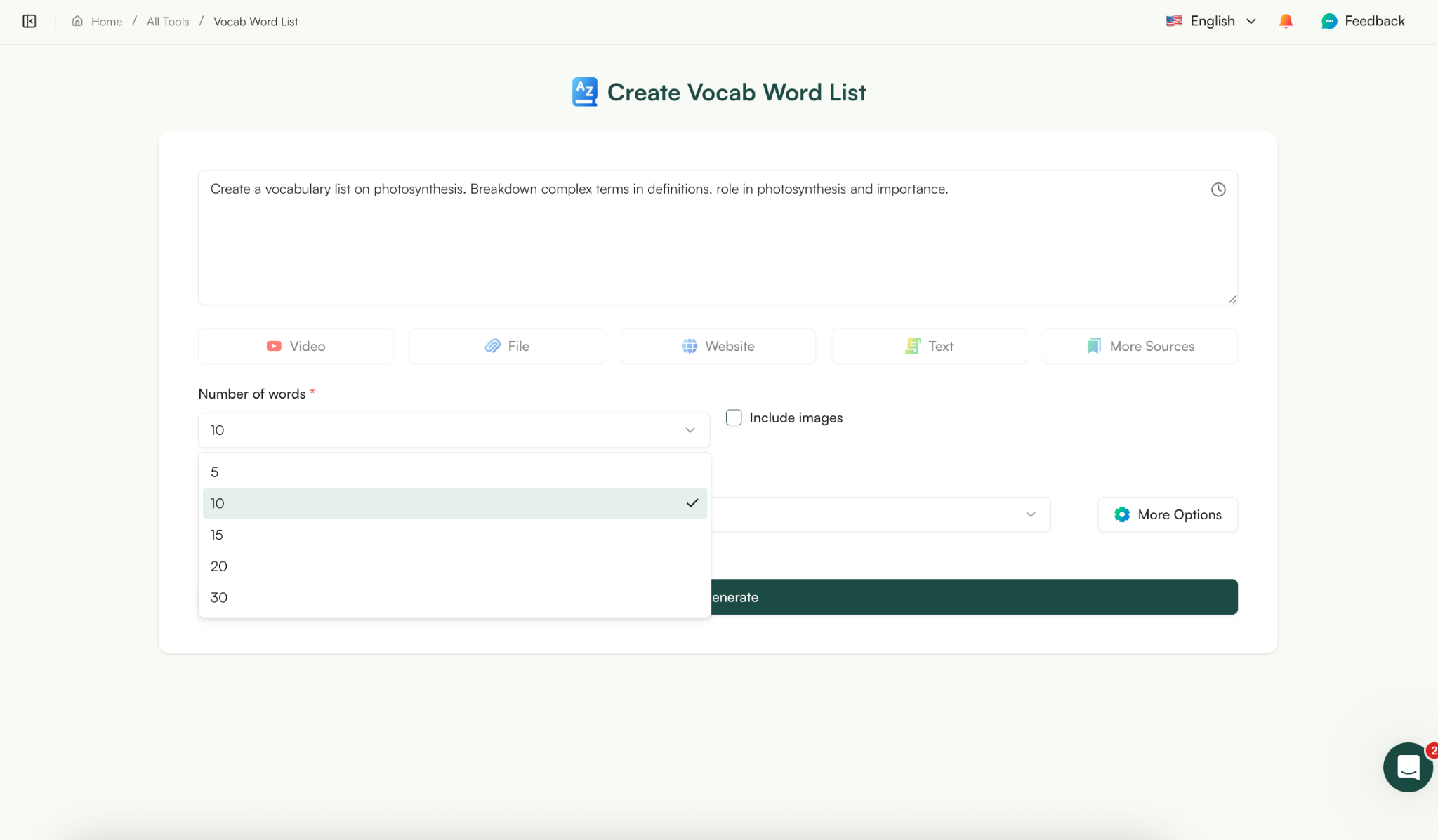 create vocab lists with monsha