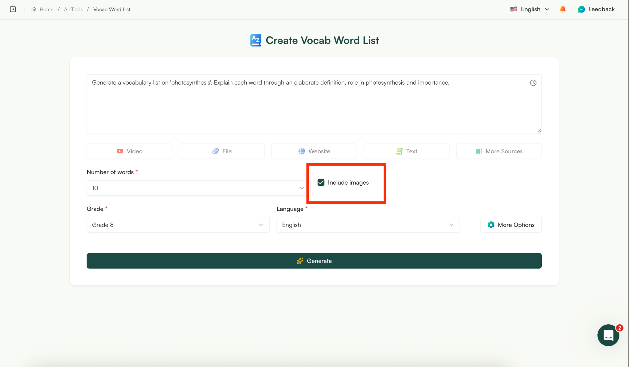 create vocab lists with monsha