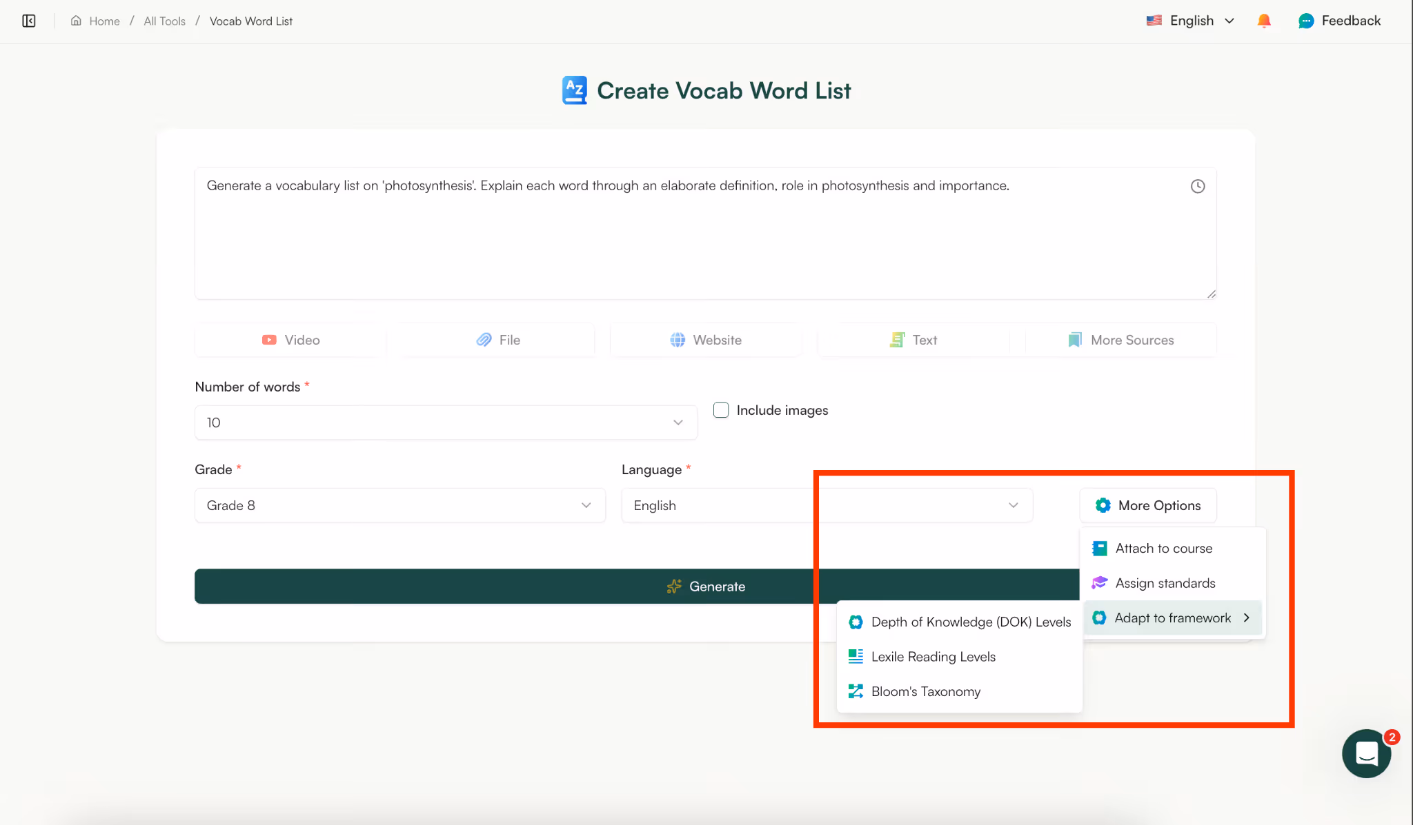 create vocab lists with monsha