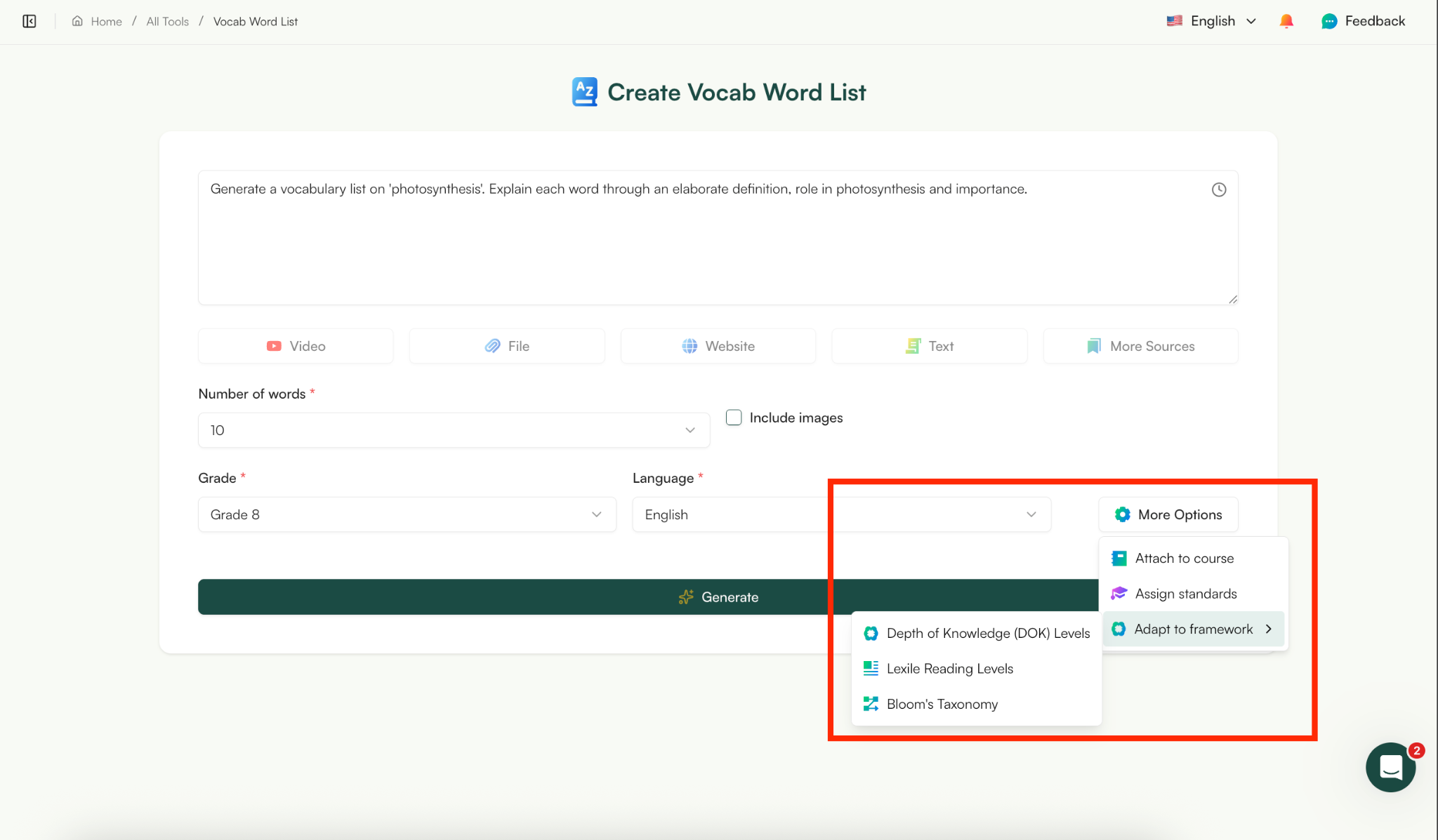 create vocab lists with monsha