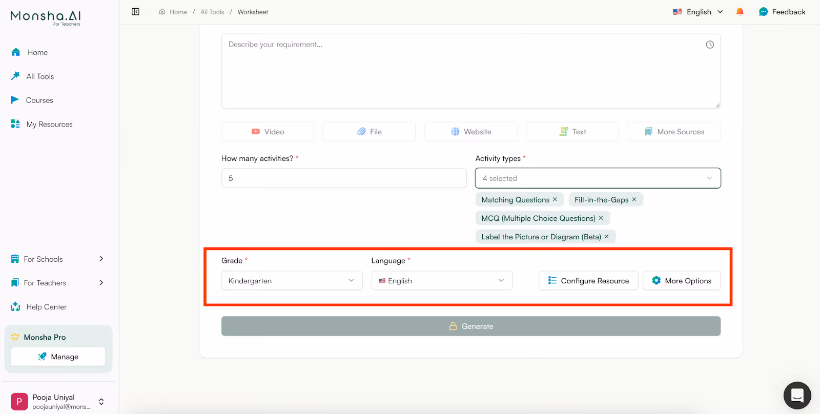 monsha kindergarten worksheet generator